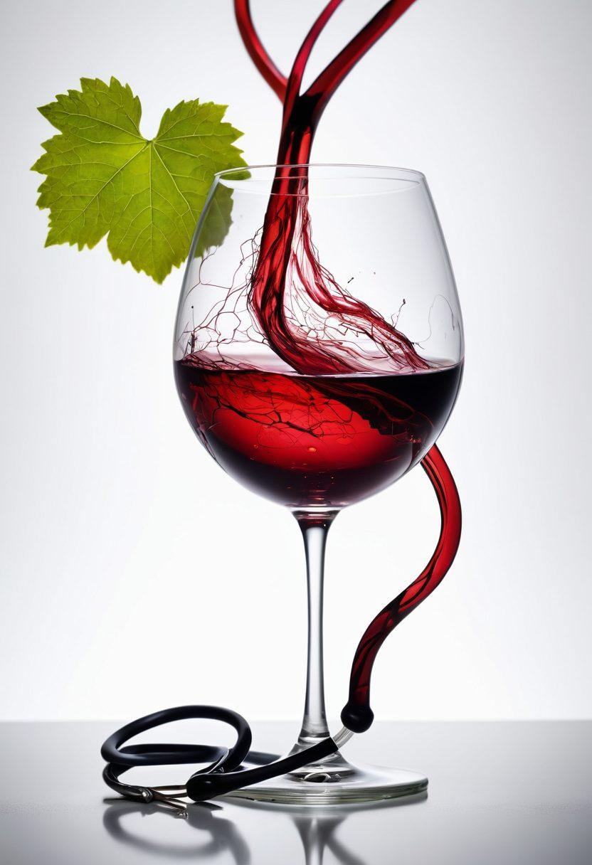 A visually striking image of a wine glass filled with a rich, red wine, positioned next to a stethoscope, symbolizing the connection between wine and health. Surrounding the glass, vibrant, swirling patterns of blood circulation in a vivid representation of arteries and veins, illustrating the effects of wine on the circulatory system. The background features subtle hints of grape vineyards, creating a serene and inviting atmosphere. super-realistic. vibrant colors. white background.