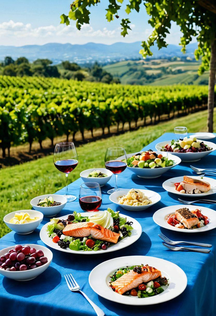A beautifully arranged table showcasing a selection of red and white wines beside heart-healthy dishes like grilled salmon, fresh salads, and dark chocolate. The background features a lush vineyard under a clear blue sky, symbolizing the journey from grapes to glass. Incorporate elements of art, such as elegant glasses and artistic food plating, to emphasize the pairing concept. super-realistic. vibrant colors. soft natural lighting.