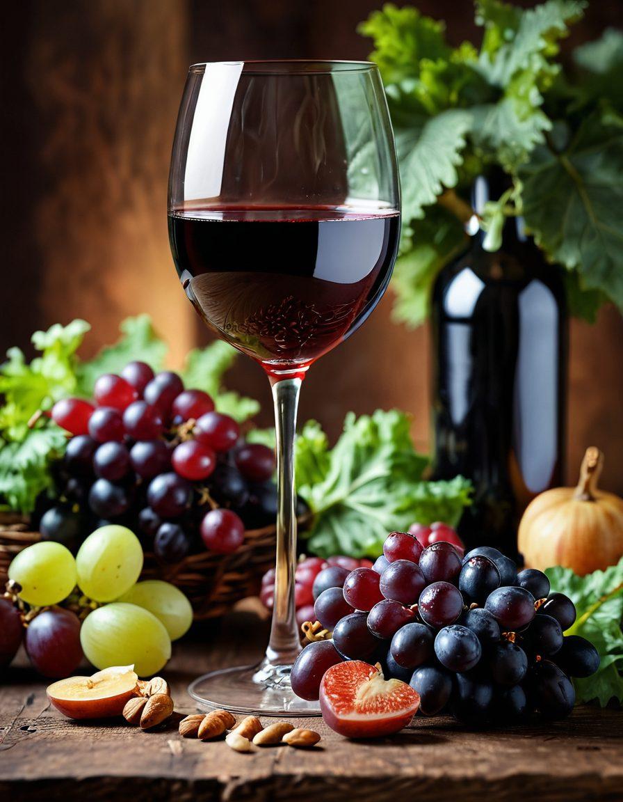 A sophisticated wine glass filled with a rich red wine, elegantly placed on a wooden table adorned with various healthy foods like leafy greens, nuts, and berries. In the background, a heart shape made of grapes symbolizes vascular health. Soft lighting highlights the wine's deep color while creating a warm atmosphere. Artistic, natural, and inviting, with a touch of elegance. super-realistic. warm colors. blurred background.